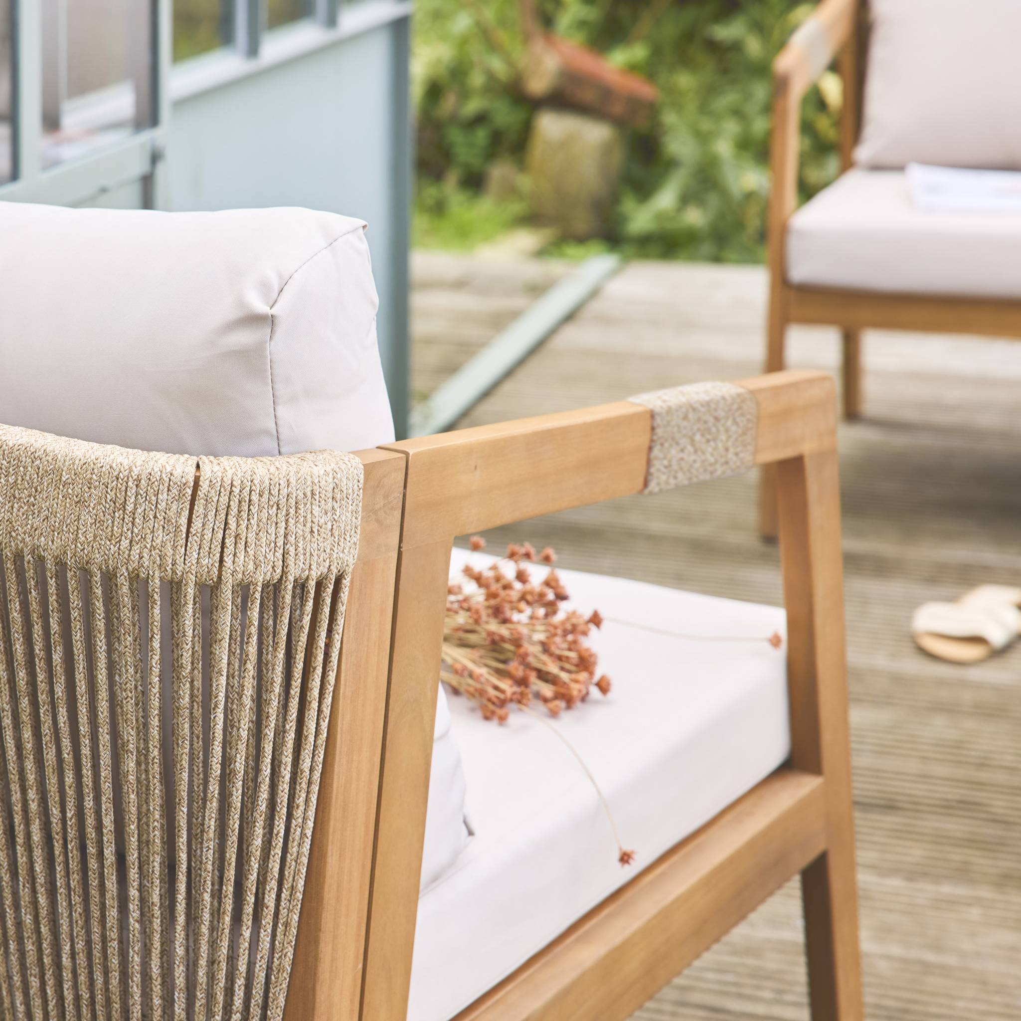 Salotto da giardino in acacia per 4 persone con corde, beige