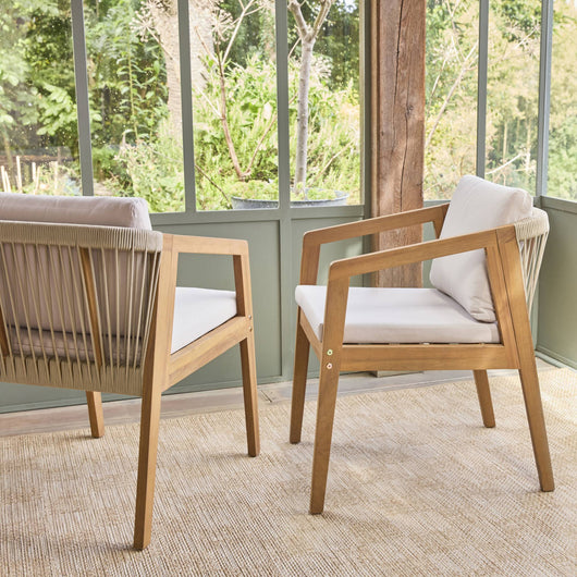 Set di 2 poltrone da giardino in legno di acacia con corde, beige