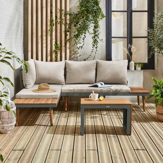 Salotto da giardino a 4 posti in alluminio e acacia, kaki