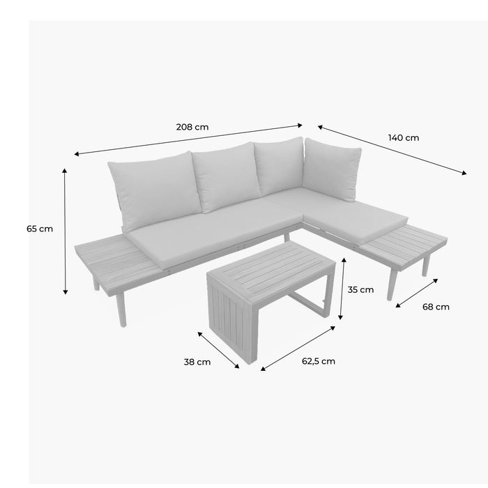 Salotto da giardino a 4 posti in alluminio e acacia, bianco