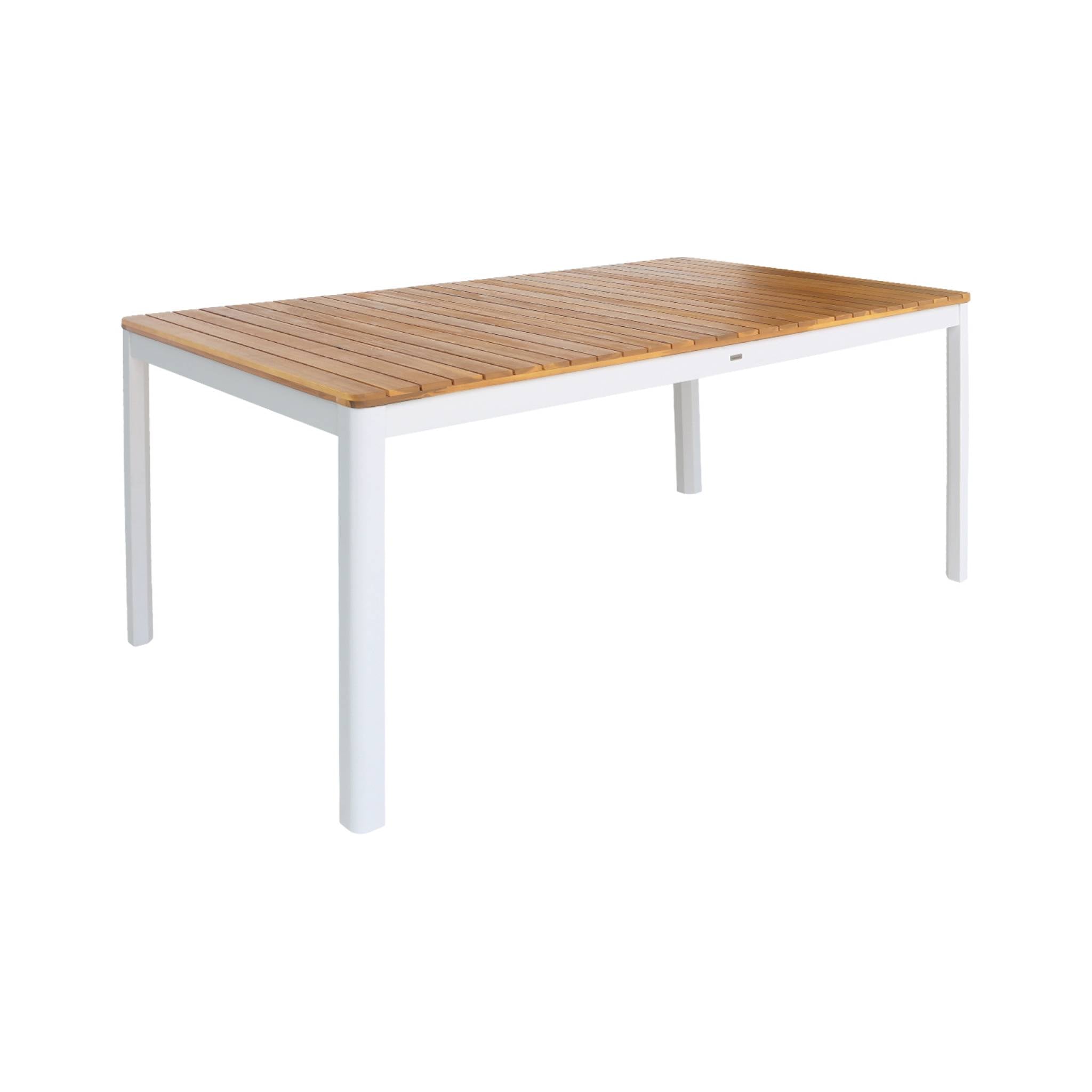 Rectangular outdoor table with slatted wooden top and white painted frame, dimensions shown (160 cm long).