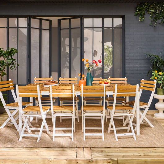 Tavolo da giardino in acacia con angoli arrotondati, 10 sedie, bianco