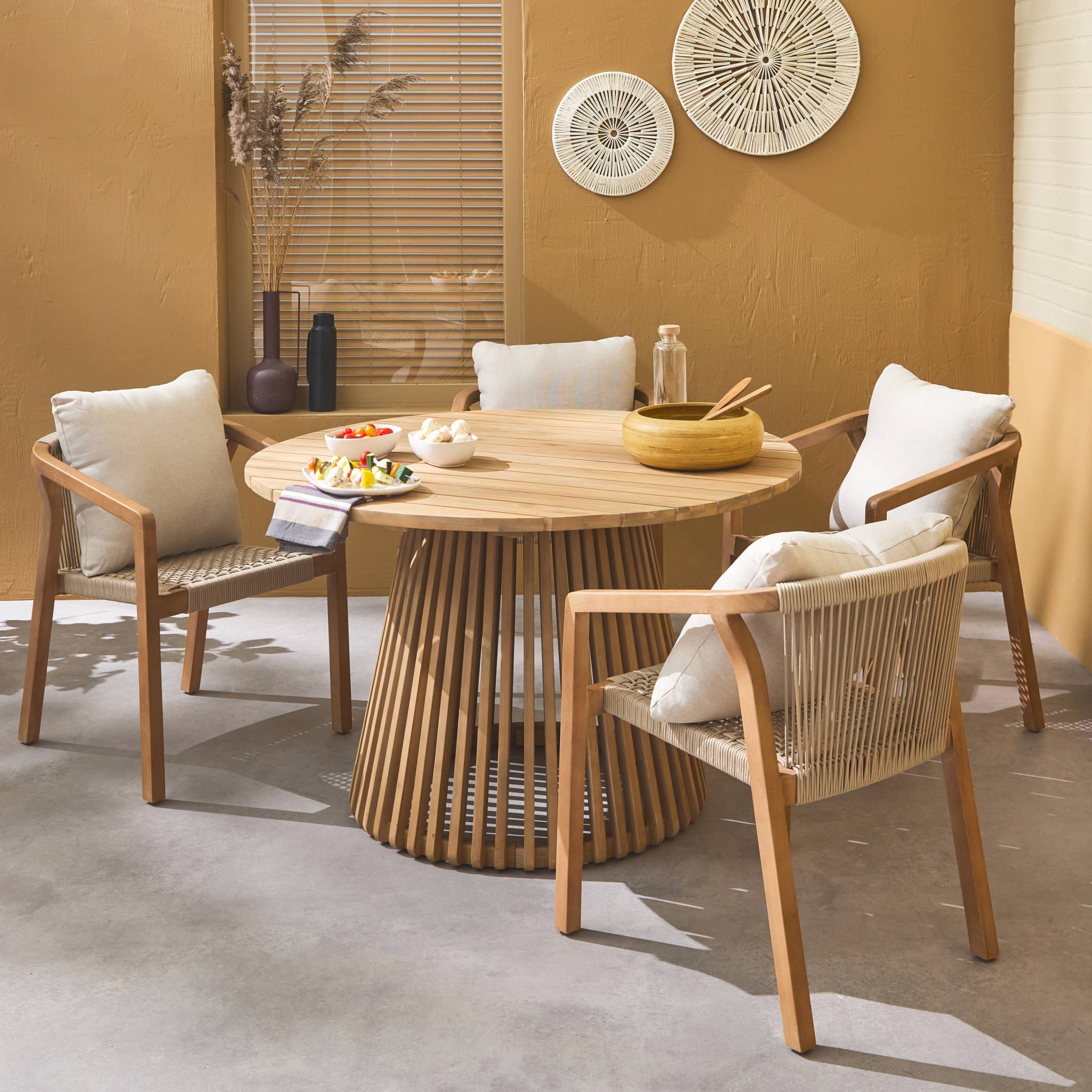 Tavolo da pranzo in legno, 4 posti a sedere, interno/esterno, marrone