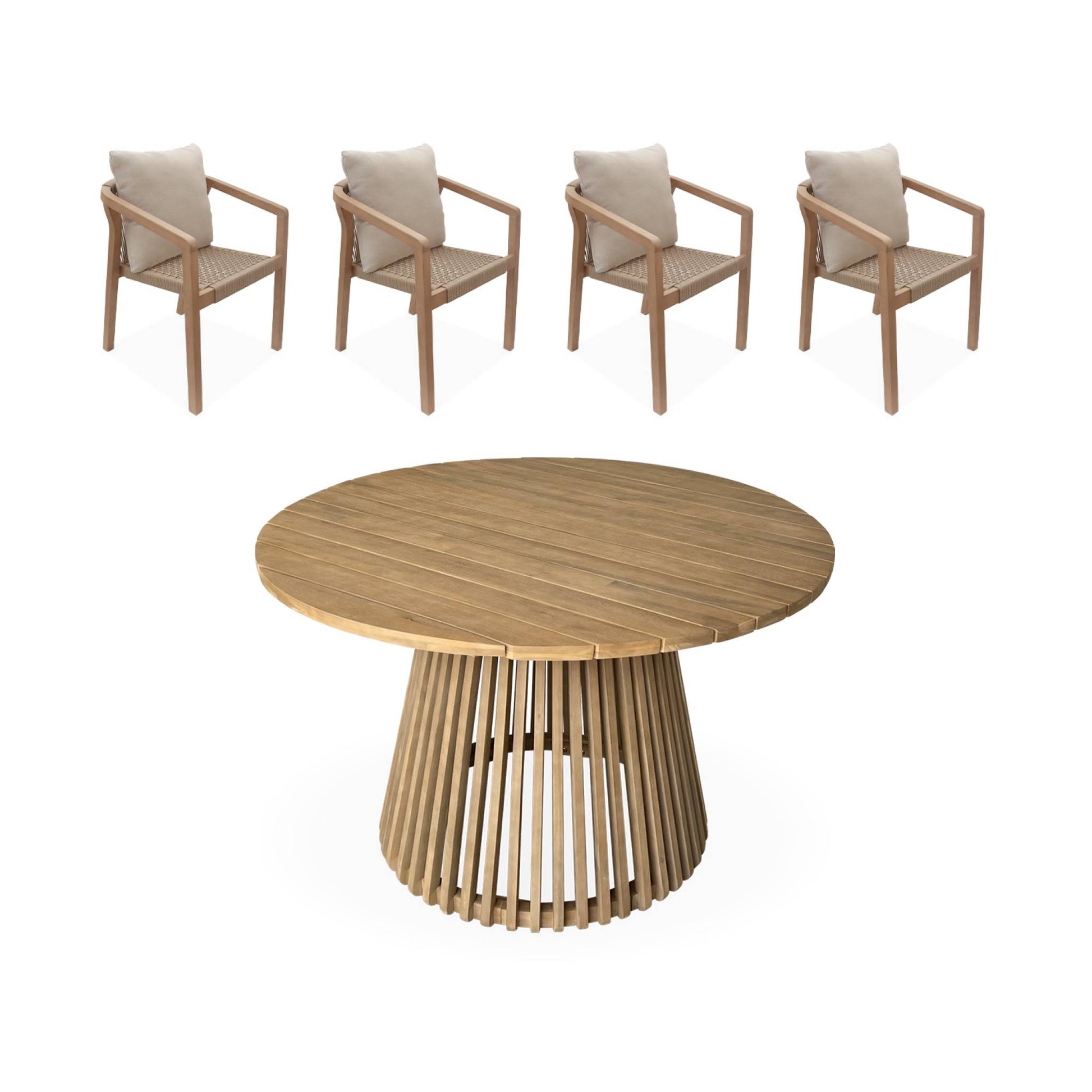 Tavolo da pranzo interno/esterno in legno + 4 poltrone, marrone