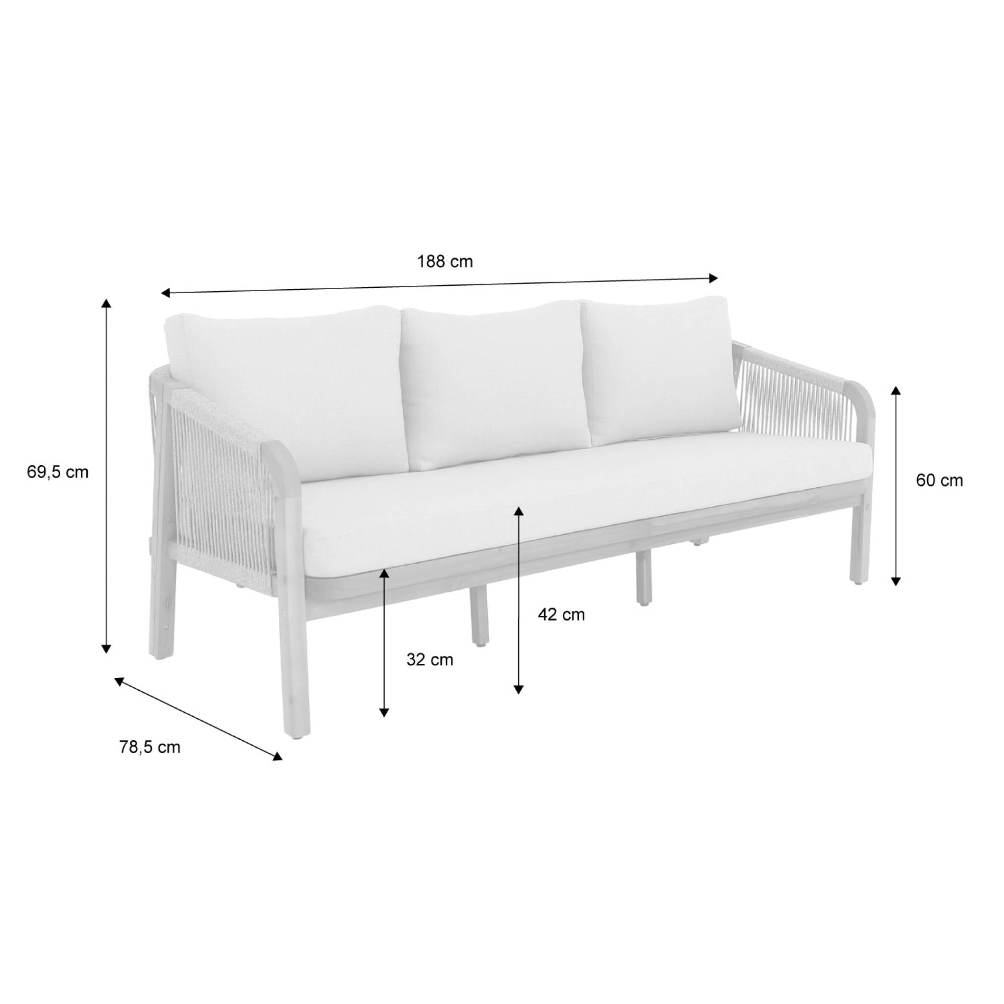 Divano da esterno in legno di acacia e corde, 3 posti, beige