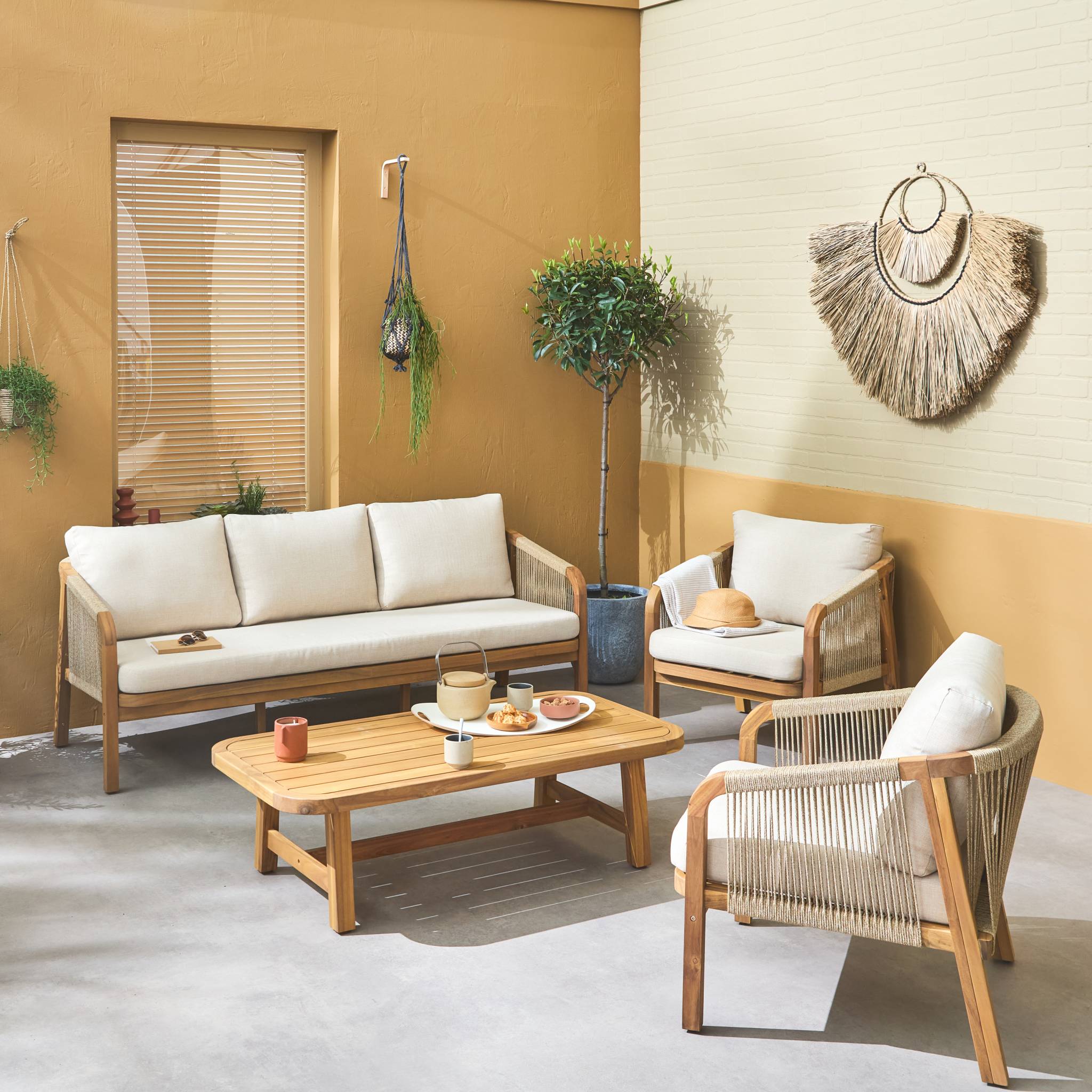 Set da giardino in legno e corda 5 posti, beige