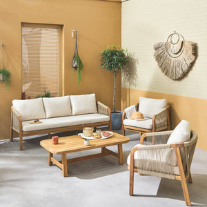 Set da giardino in legno e corda 5 posti, beige