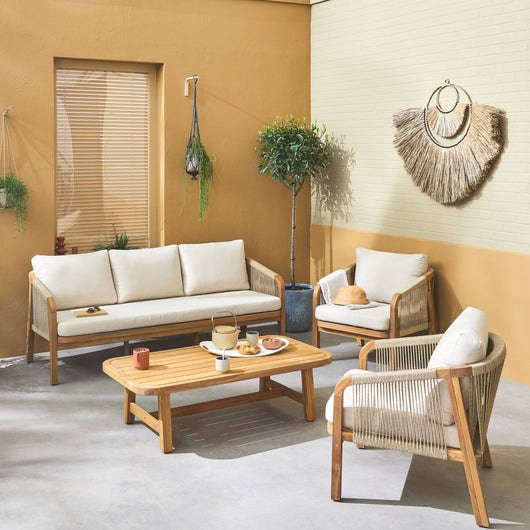 Set da giardino in legno e corda 5 posti, beige