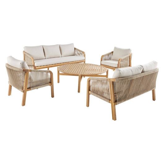Set da giardino in legno di acacia e corde 7 posti, beige