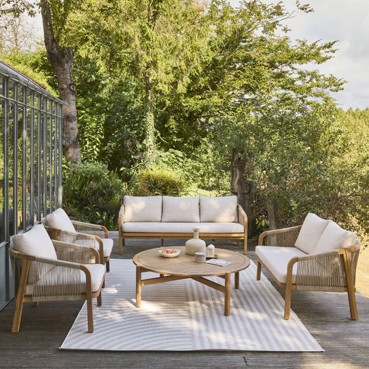 Set da giardino in legno di acacia e corde 7 posti, beige