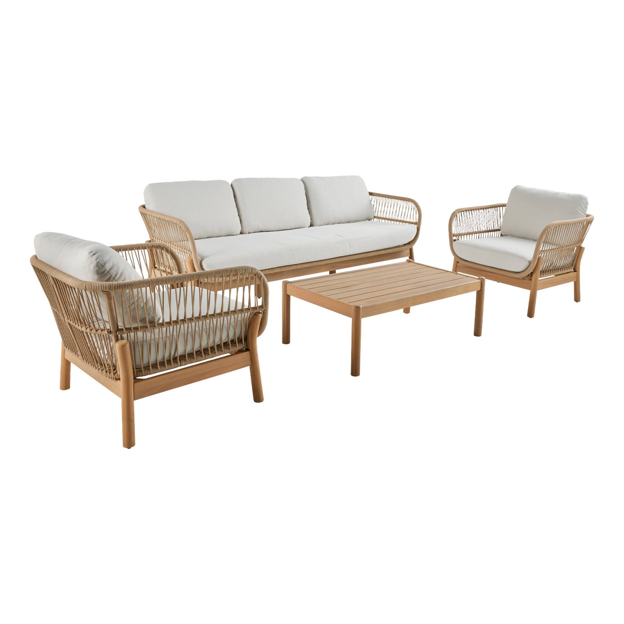 Set da giardino in acacia con corda, 5 posti, beige