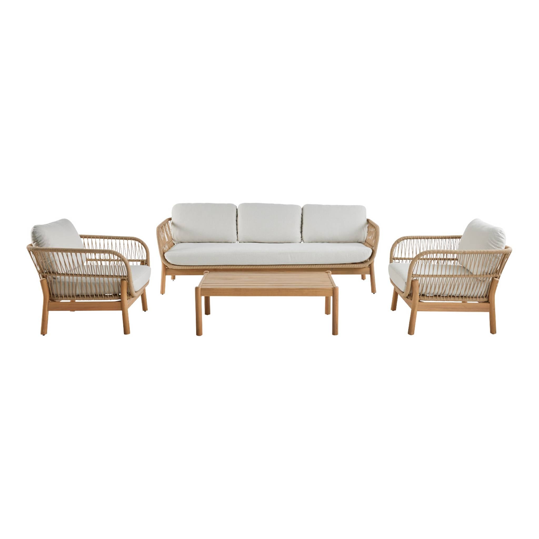 Set da giardino in acacia con corda, 5 posti, beige