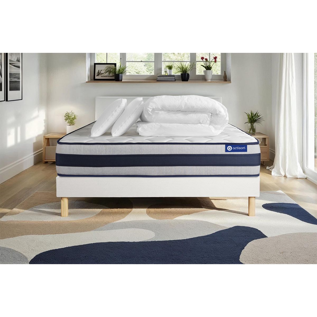 Pacchetto letto completo - Materasso 180x200cm + Box spring con doghe (kit) + 2 cuscini + Piumino - Actiflex Ergo