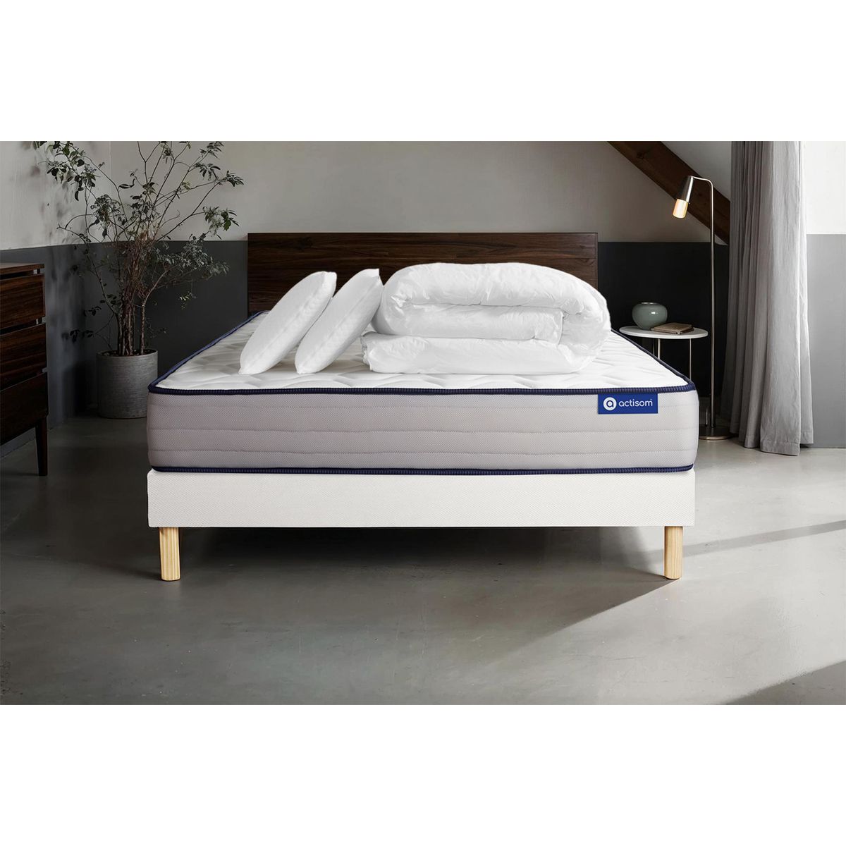 Pacchetto letto completo - Materasso 140x190cm + Box spring con doghe (kit) + 2 cuscini + Piumino - Actiflex Form