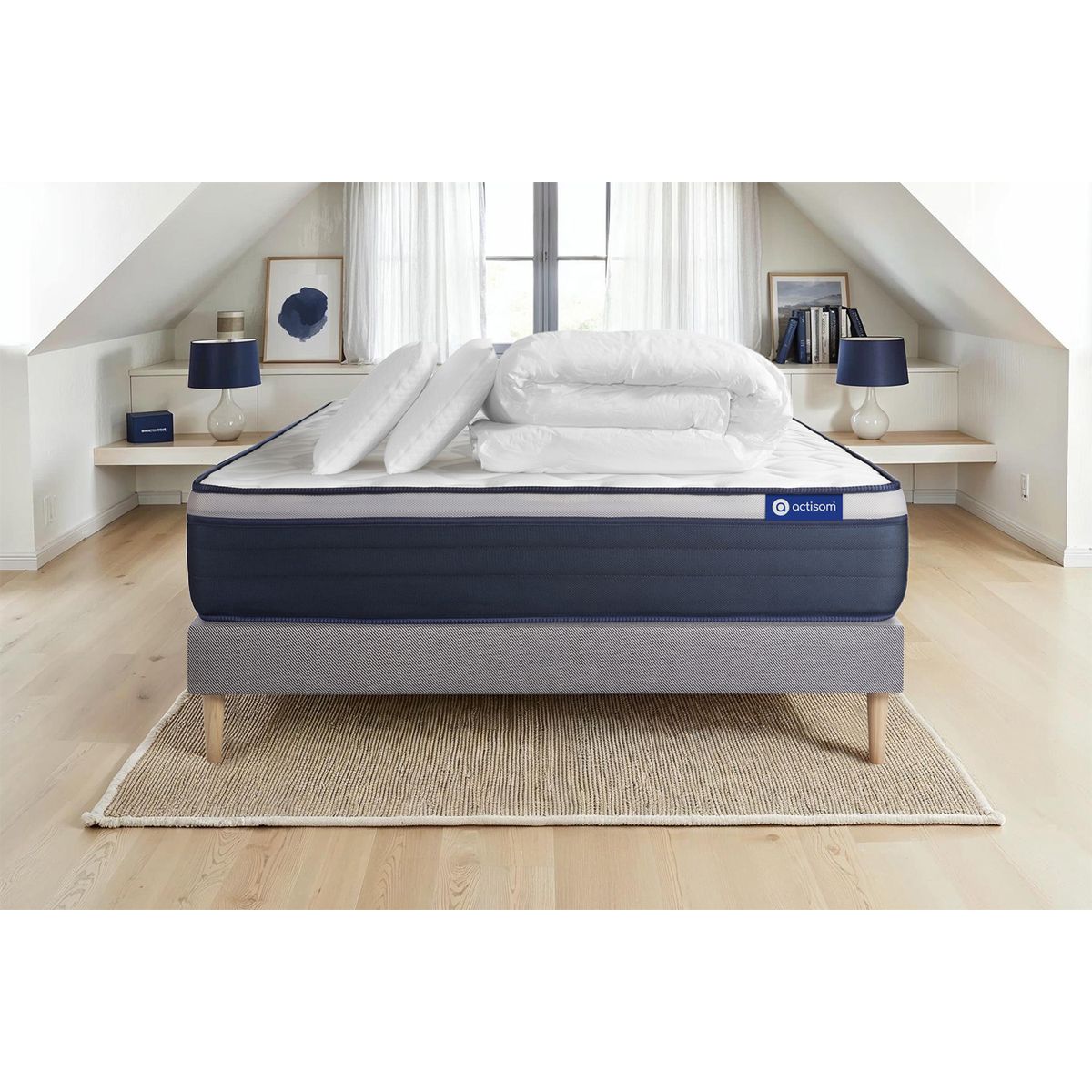 Pacchetto letto completo - Materasso 140x200cm + Box spring con doghe (kit) + 2 cuscini + Piumino - Actiflex Max