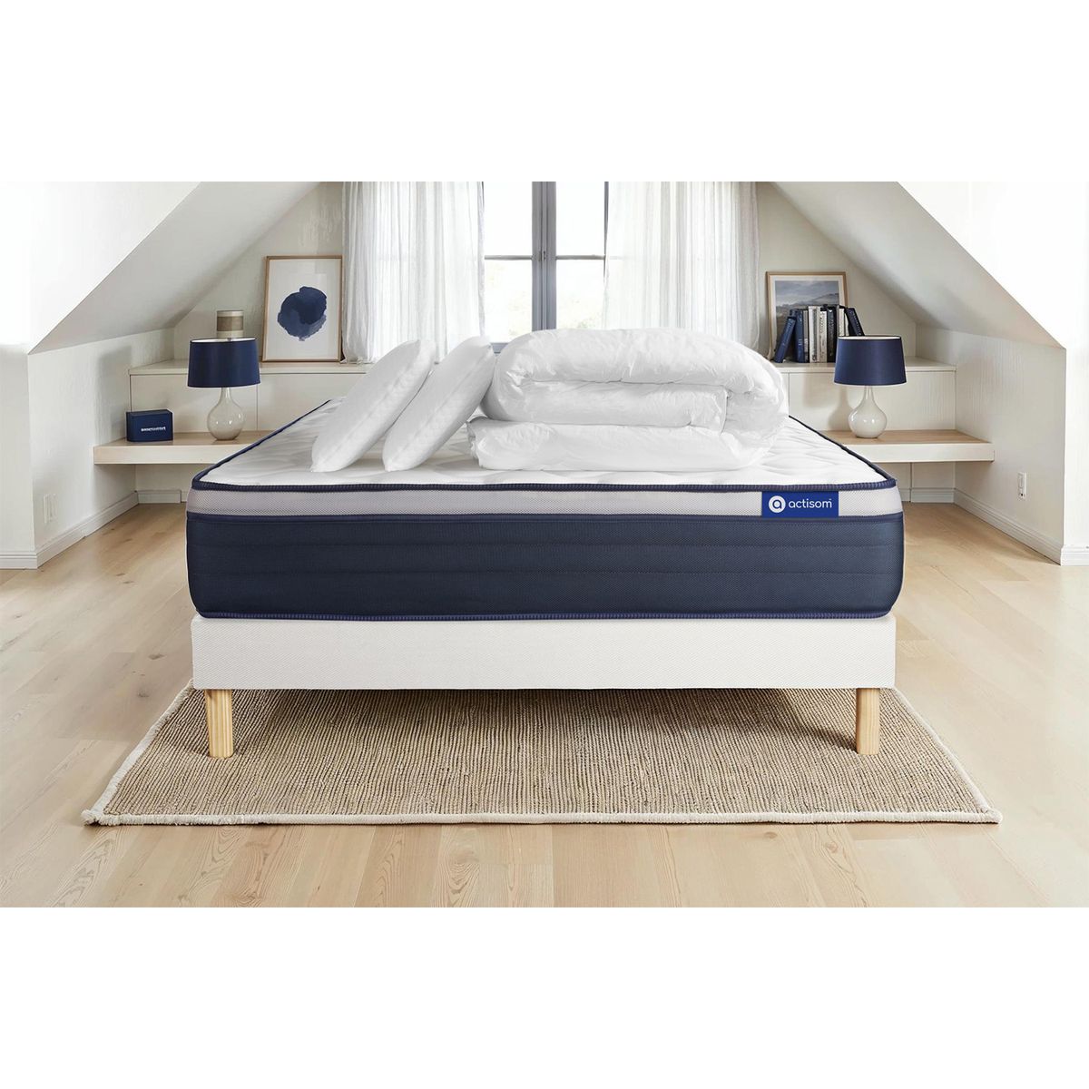 Pacchetto letto completo - Materasso 200x200cm + Box spring con doghe (kit) + 2 cuscini + Piumino - Actiflex Max