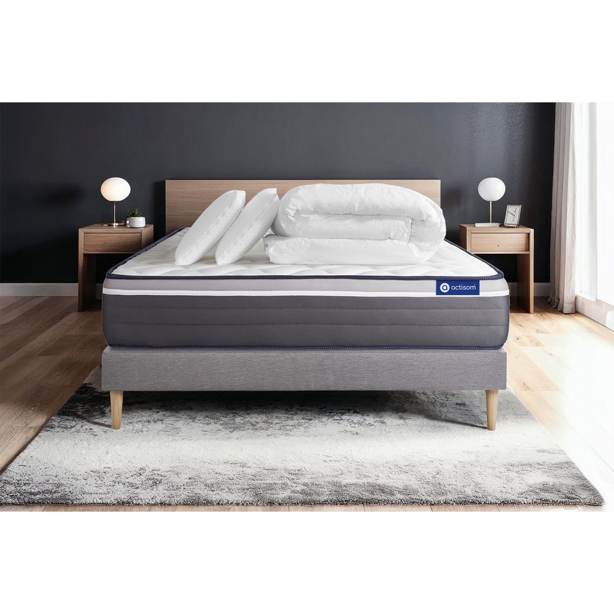Pacchetto letto completo - Materasso 140x200cm + Box spring con doghe (in kit) + 2 cuscini + Piumino - Actiflex Plus