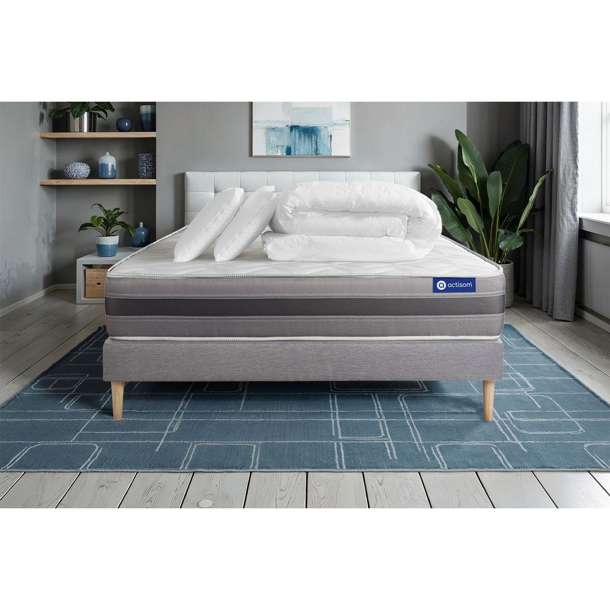 Pacchetto letto completo - Materasso 140x190cm + Box spring con doghe (in kit) + 2 cuscini + Piumino - Actiflex Relax