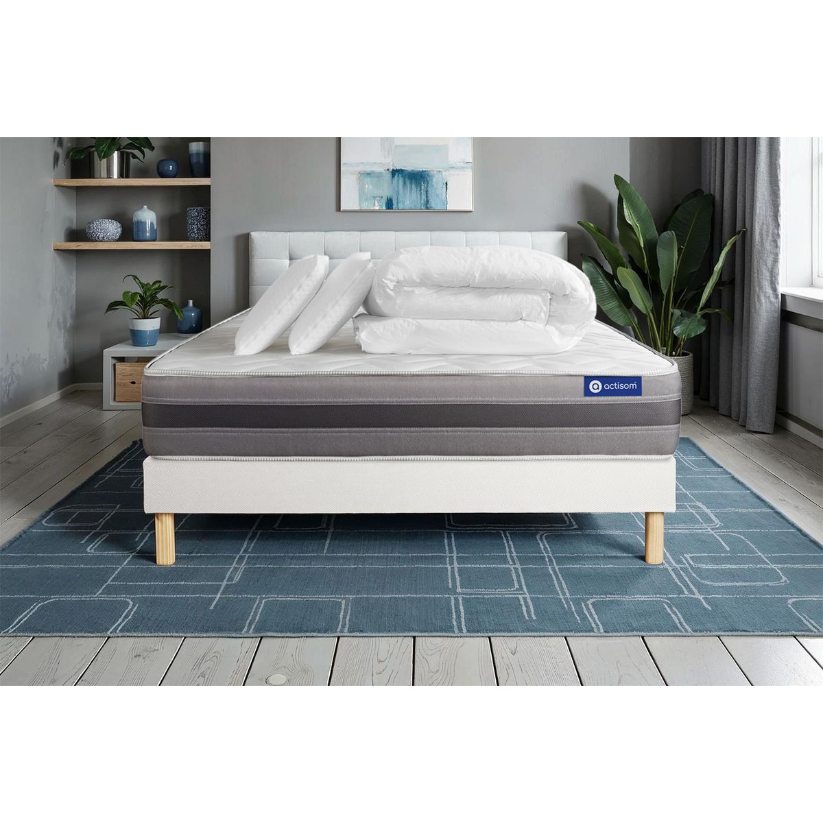 Pacchetto letto completo - Materasso 140x190cm + Box spring con doghe (in kit) + 2 cuscini + Piumino - Actiflex Relax