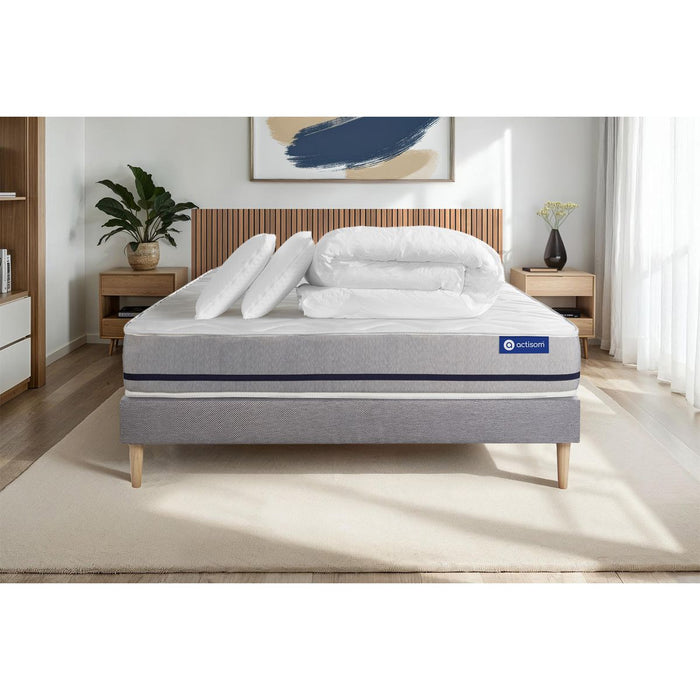 Pacchetto letto completo - Materasso 140x190cm + Box spring con doghe (in kit) + 2 cuscini + Piumino - Actiflex Soft