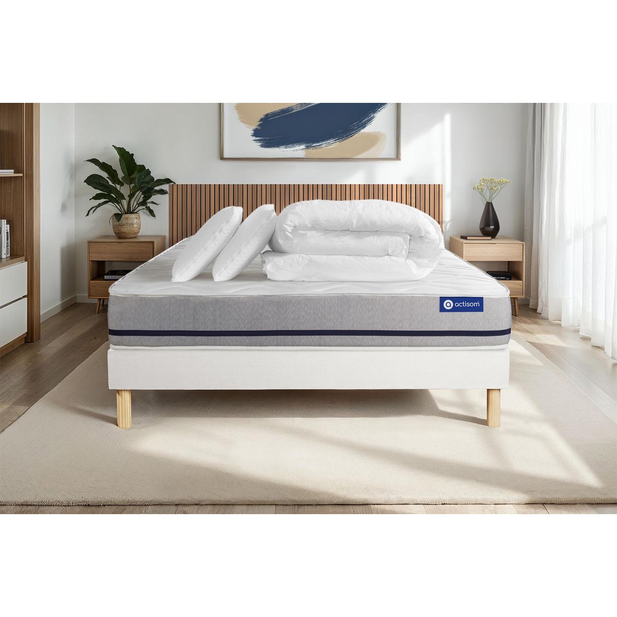 Pacchetto letto completo - Materasso 140x190cm + Box spring con doghe (in kit) + 2 cuscini + Piumino - Actiflex Soft