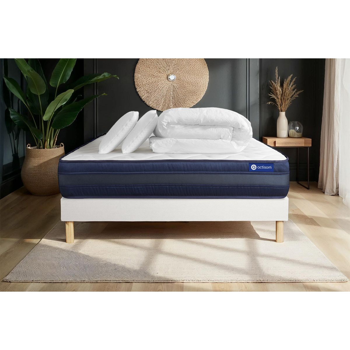 Pacchetto letto completo - Materasso 200x200cm + Box spring con doghe (kit) + 2 cuscini + Piumino - Actiflex Tech