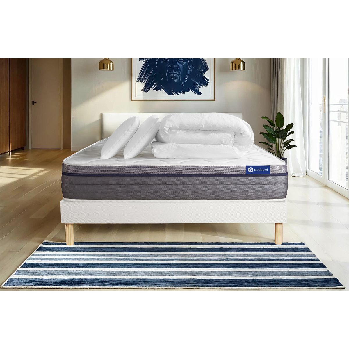 Pacchetto letto completo - Materasso 140x200cm + Box spring con doghe (kit) + 2 cuscini + Piumino - Actiflex Zen
