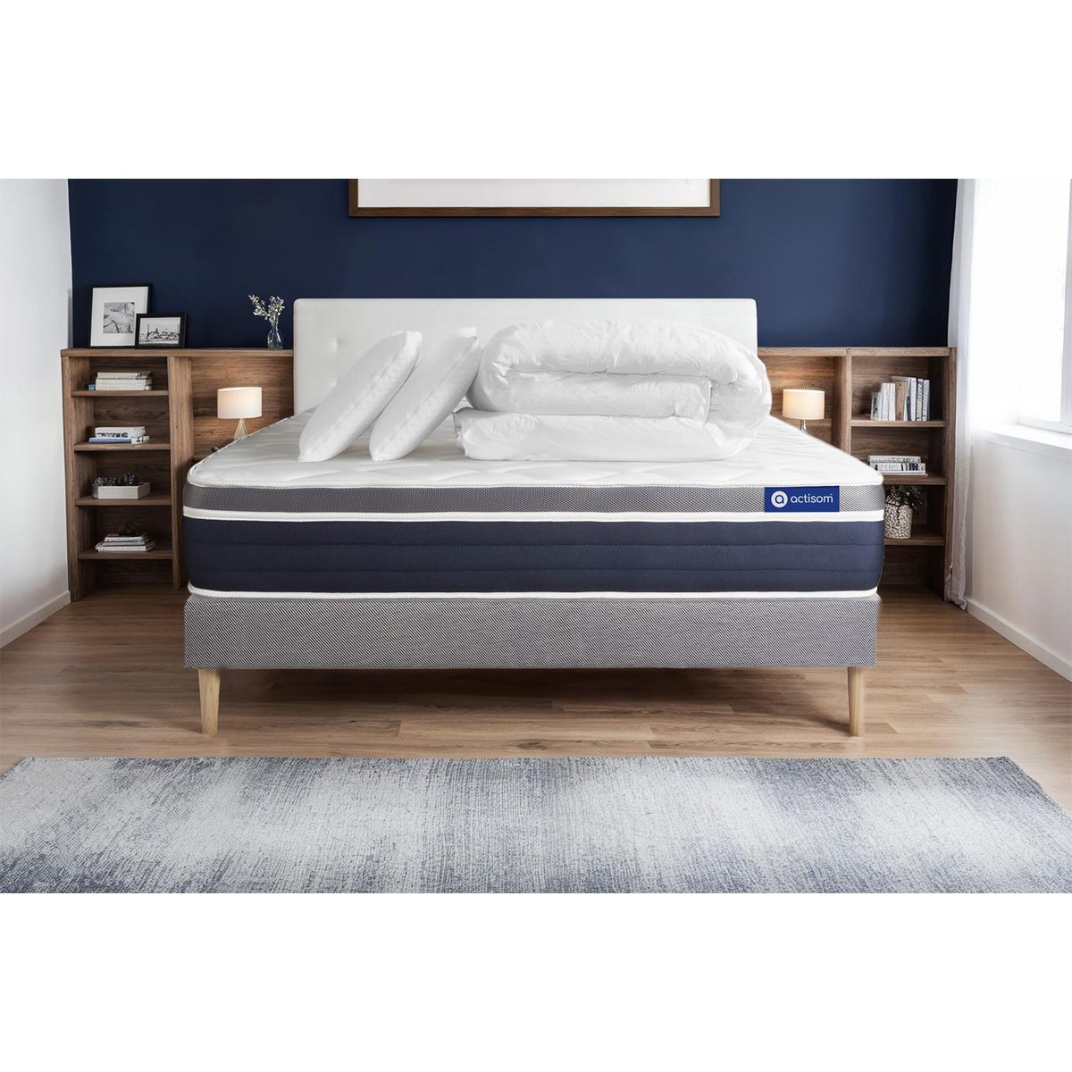 Pacchetto letto completo - Materasso 160x200cm + Box spring con doghe (in kit) + 2 cuscini + Piumino - Actilatex Confort