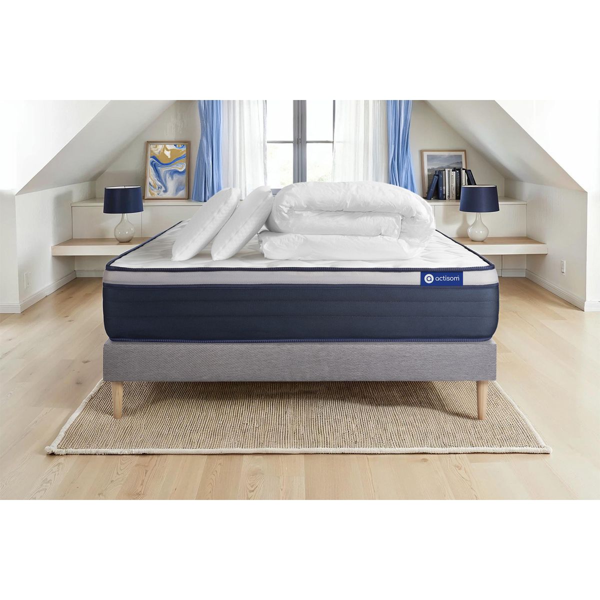 Pacchetto letto completo - Materasso 160x200cm + Box spring con doghe (kit) + 2 cuscini + Piumino - Actilatex Max