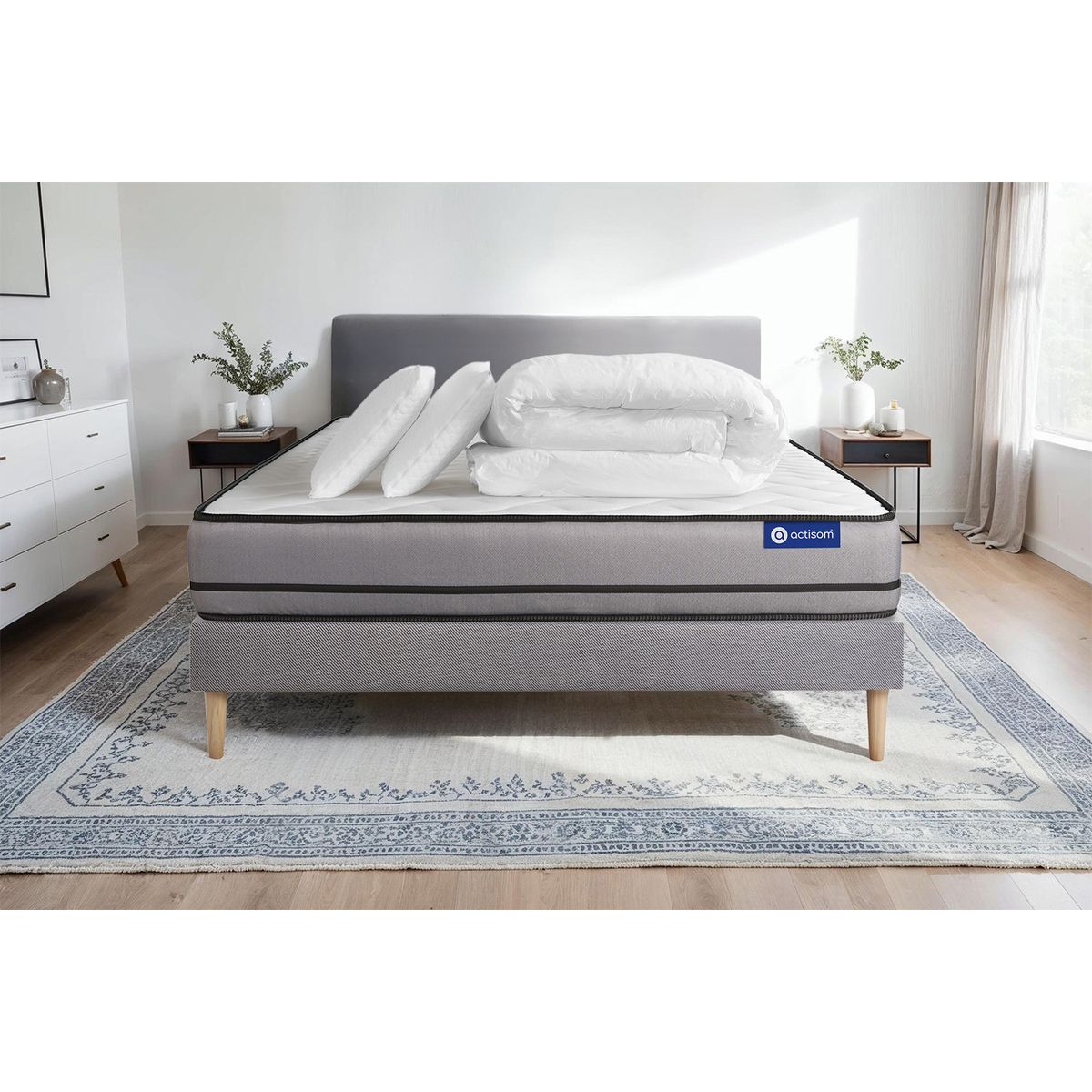 Pacchetto letto completo - Materasso 160x200cm + Box spring con doghe (kit) + 2 cuscini + Piumone - Actilatex Night