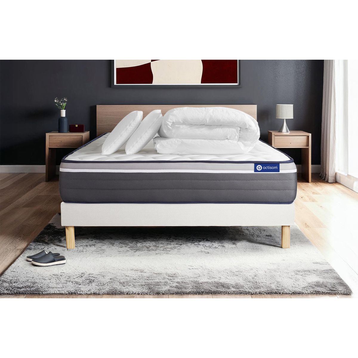 Pacchetto letto completo - Materasso 140x190cm + Box spring con doghe (in kit) + 2 cuscini + Piumino - Actilatex Plus