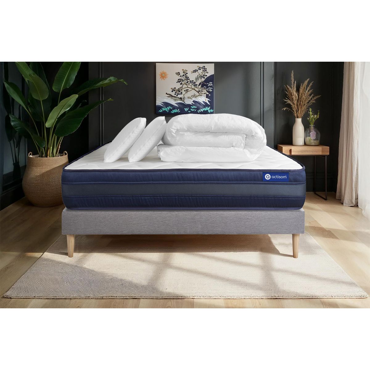 Pacchetto letto completo - Materasso 160x200cm + Box spring con doghe (kit) + 2 cuscini + Piumino - Actilatex Tech