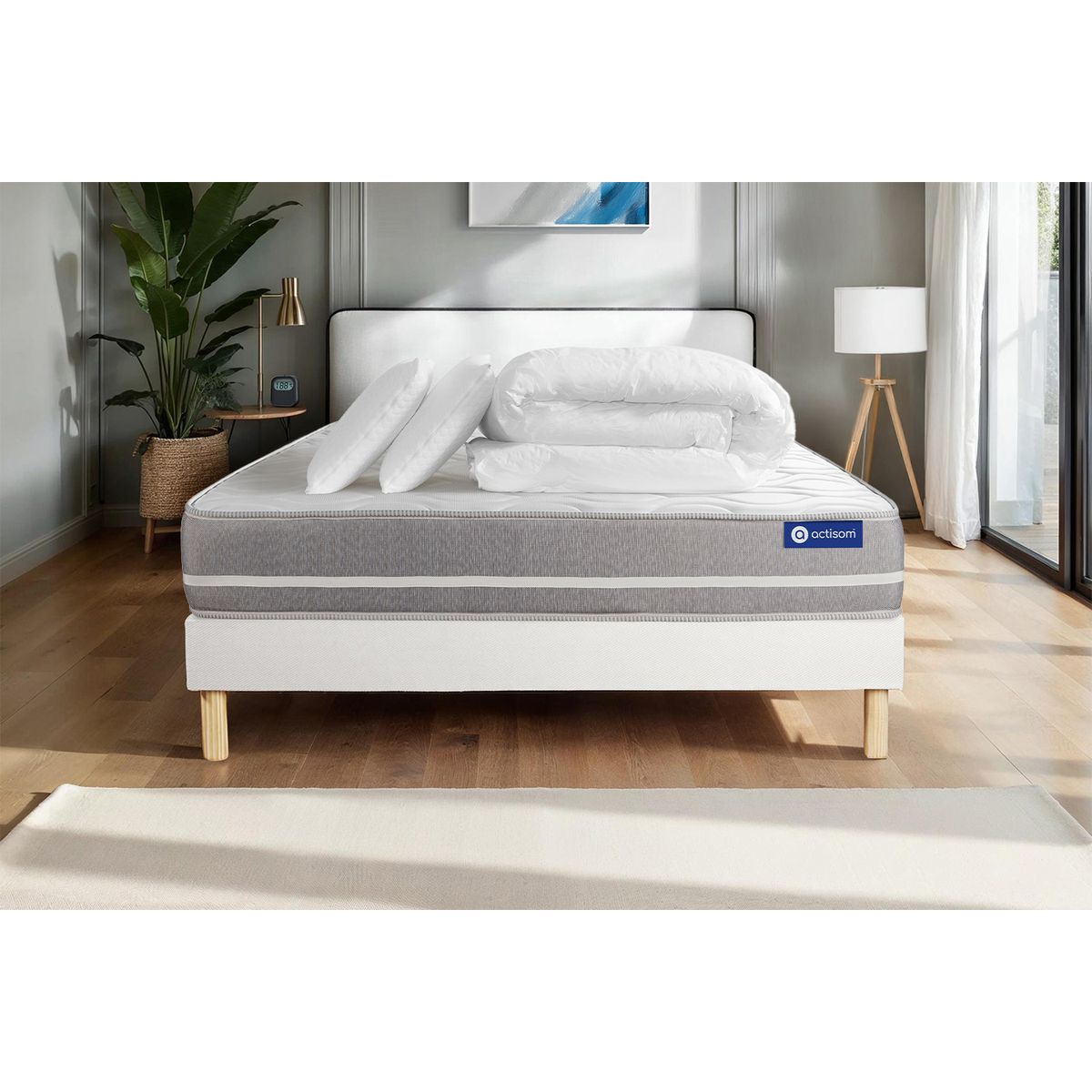 Pacchetto letto completo - Materasso 200x200cm + Box spring con doghe (kit) + 2 cuscini + Piumino - Actilatex Touch