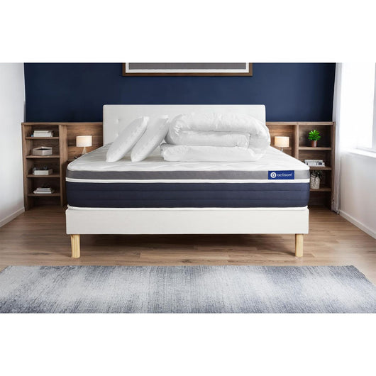 Pacchetto letto completo - Materasso 160x200cm + Box spring con doghe (in kit) + 2 cuscini + Piumino - Actimemo Confort