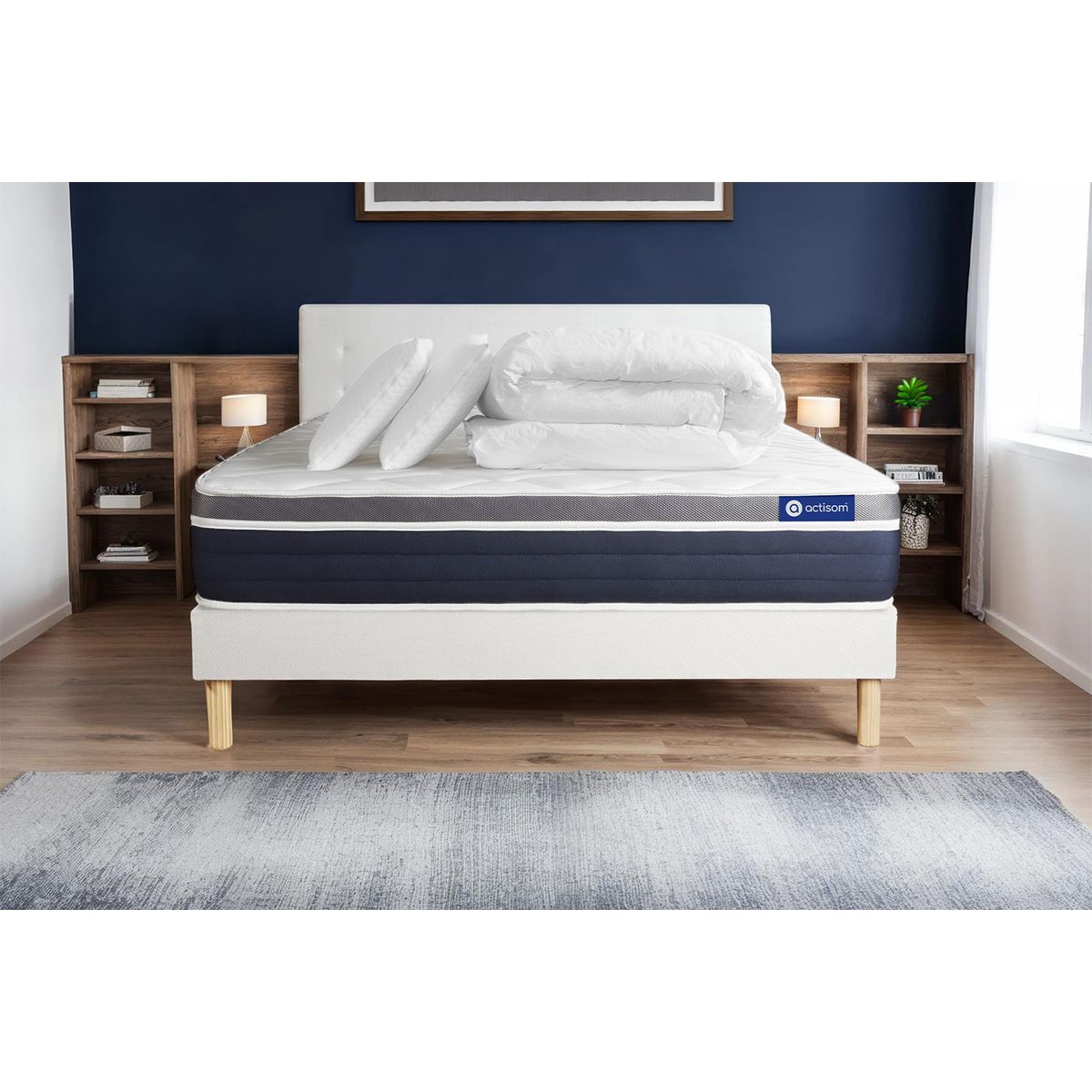 Pacchetto letto completo - Materasso 140x200cm + Box spring con doghe (in kit) + 2 cuscini + Piumino - Actimemo Confort
