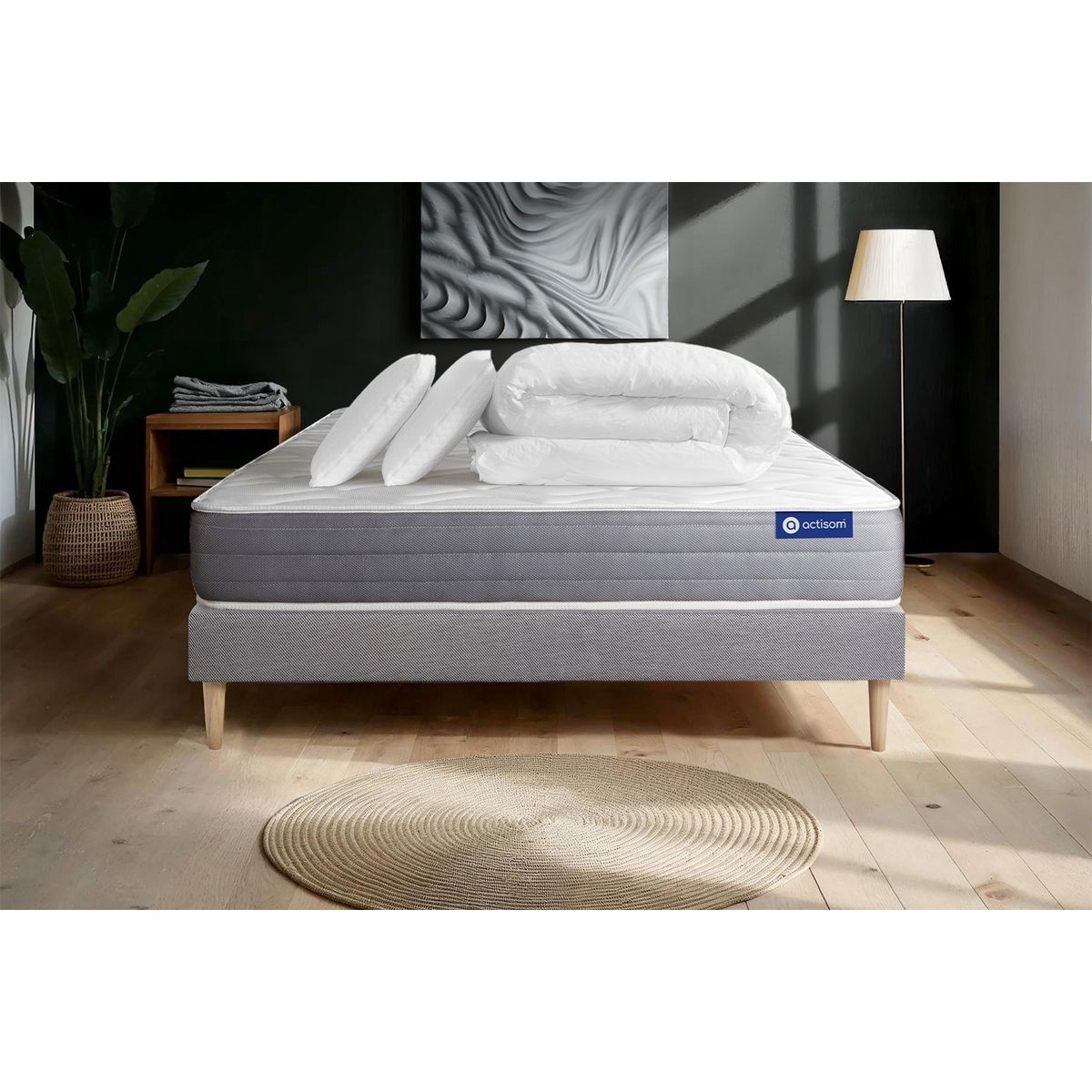 Pacchetto letto completo - Materasso 140x200cm + Box spring con doghe (in kit) + 2 cuscini + Piumino - Actimemo Dream