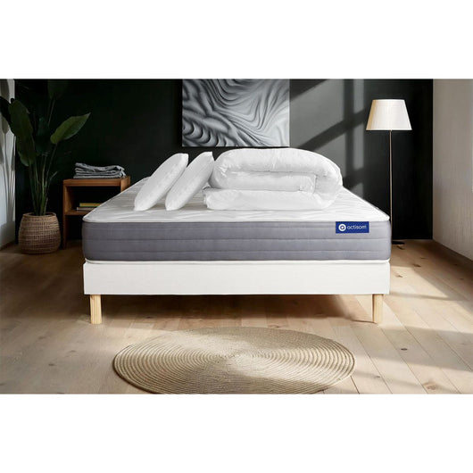 Pacchetto letto completo - Materasso 140x190cm + Box spring con doghe (in kit) + 2 cuscini + Piumino - Actimemo Dream