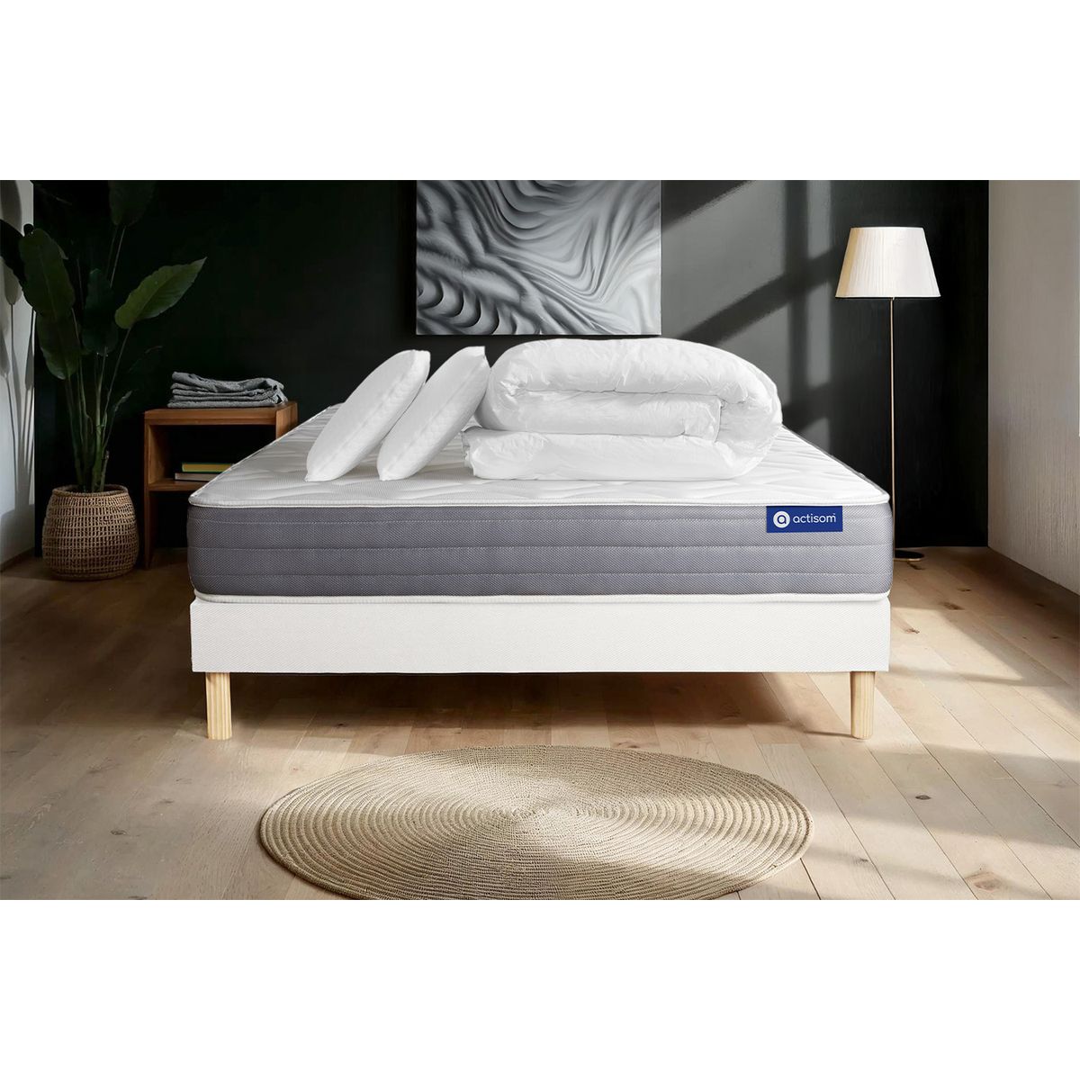 Pacchetto letto completo - Materasso 160x200cm + Box spring con doghe (kit) + 2 cuscini + Piumino - Actimemo Dream