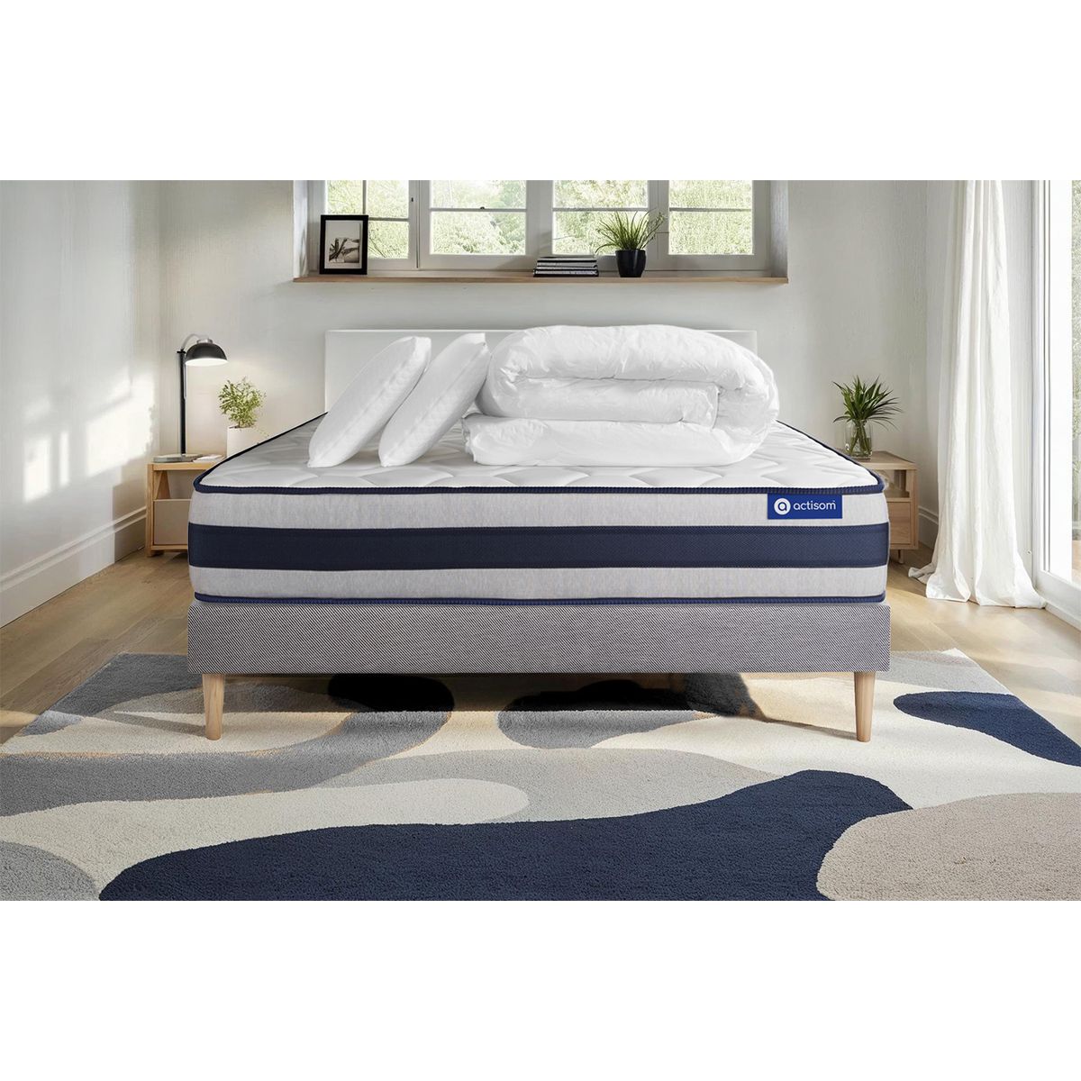 Pacchetto letto completo - Materasso 200x200cm + Box spring con doghe (kit) + 2 cuscini + Piumino - Actimemo Ergo