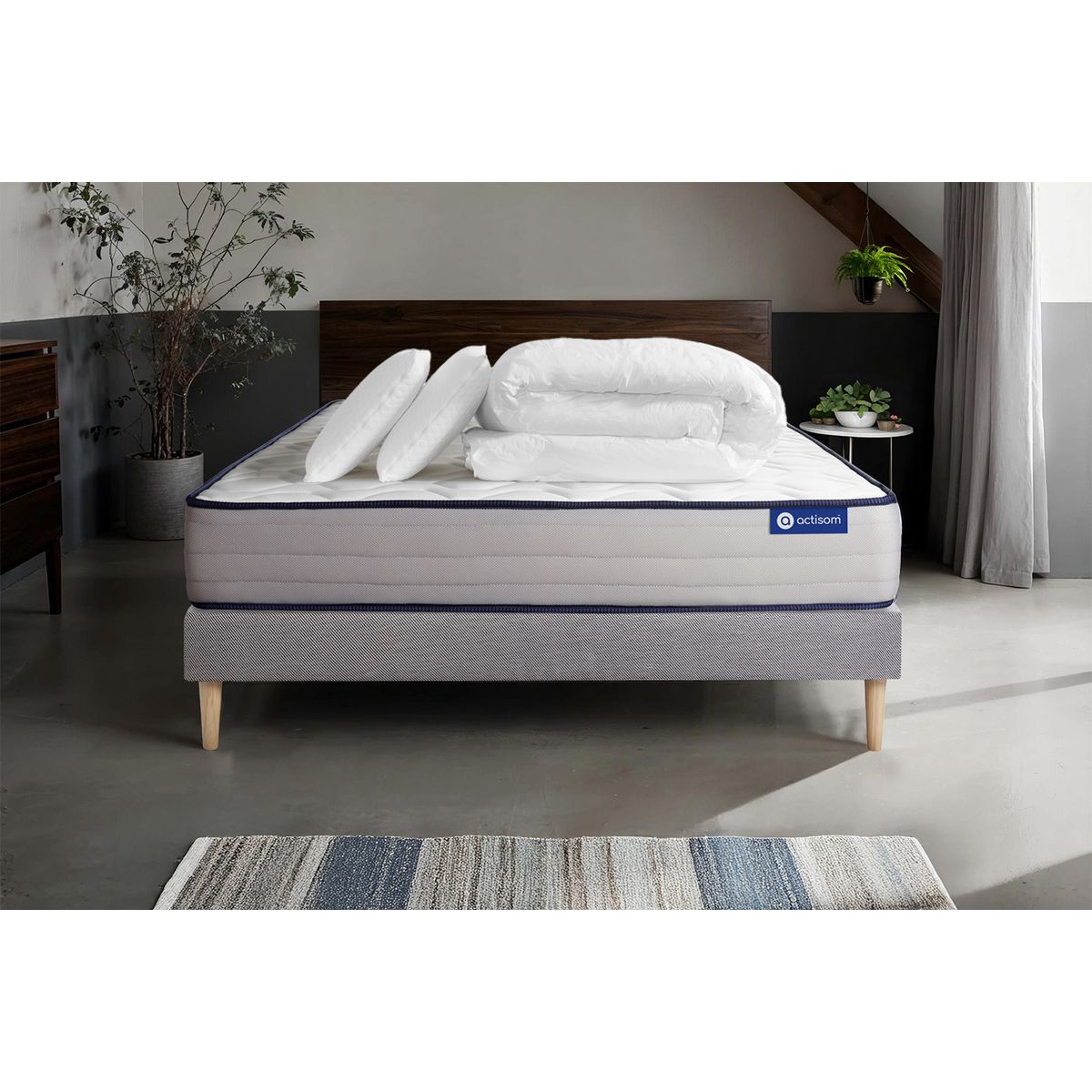 Pacchetto letto completo - Materasso 200x200cm + Box spring con doghe (kit) + 2 cuscini + Piumino - Actimemo Form