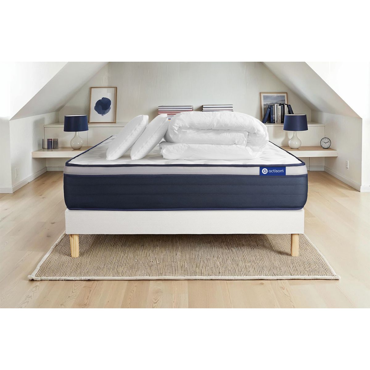 Pacchetto letto completo - Materasso 160x200cm + Box spring con doghe (kit) + 2 cuscini + Piumino - Actimemo Max