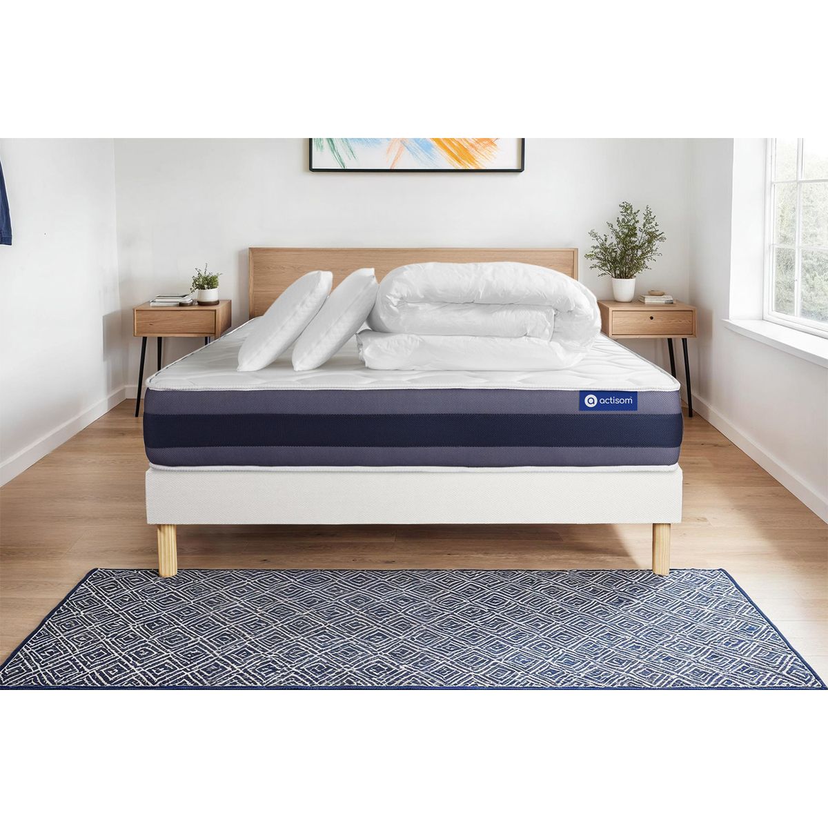 Pacchetto letto completo - Materasso 140x190cm + Box spring con doghe (in kit) + 2 cuscini + Piumino - Actimemo Morpho