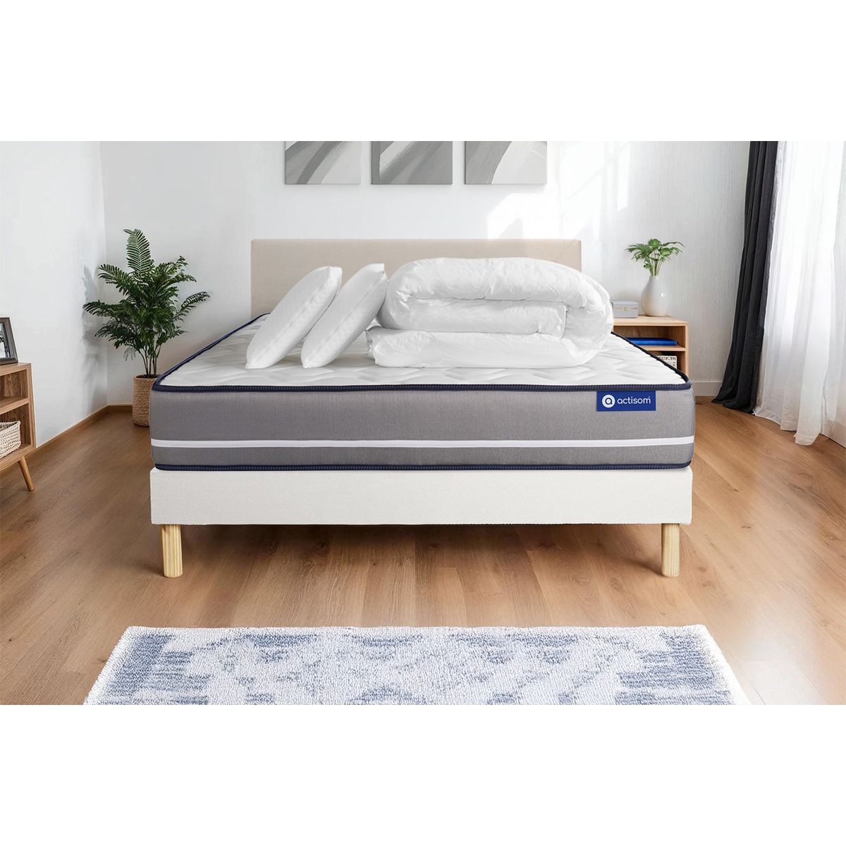 Pacchetto letto completo - Materasso 200x200cm + Box spring con doghe (kit) + 2 cuscini + Piumino - Actimemo Pur