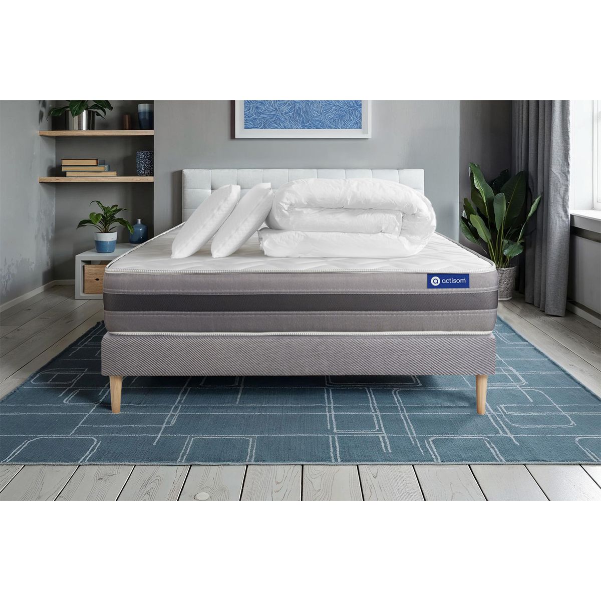 Pacchetto letto completo - Materasso 140x190cm + Box spring con doghe (in kit) + 2 cuscini + Piumino - Actimemo Relax