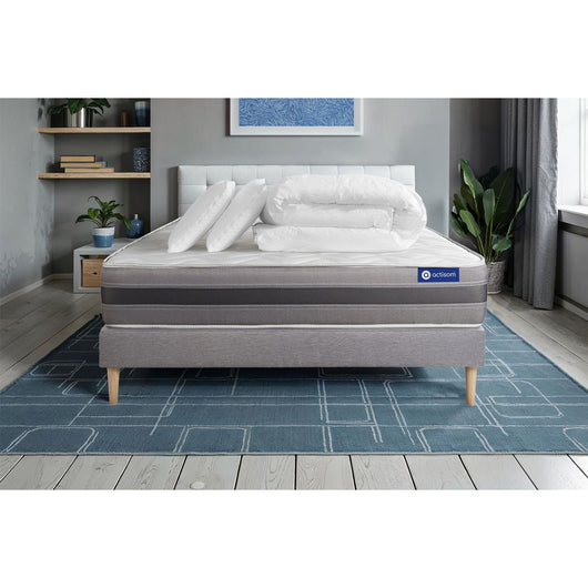 Pacchetto letto completo - Materasso 140x190cm + Box spring con doghe (in kit) + 2 cuscini + Piumino - Actimemo Relax
