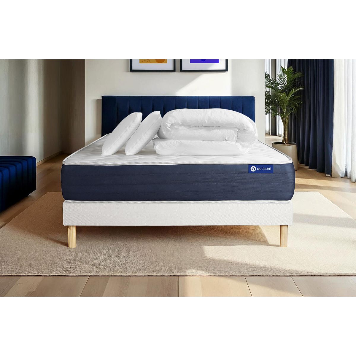 Pacchetto letto completo - Materasso 200x200cm + Box spring con doghe (kit) + 2 cuscini + Piumino - Actimemo Sleep