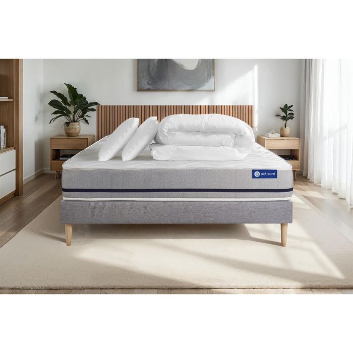 Pacchetto letto completo - Materasso 160x200cm + Box spring con doghe (kit) + 2 cuscini + Piumino - Actimemo Soft