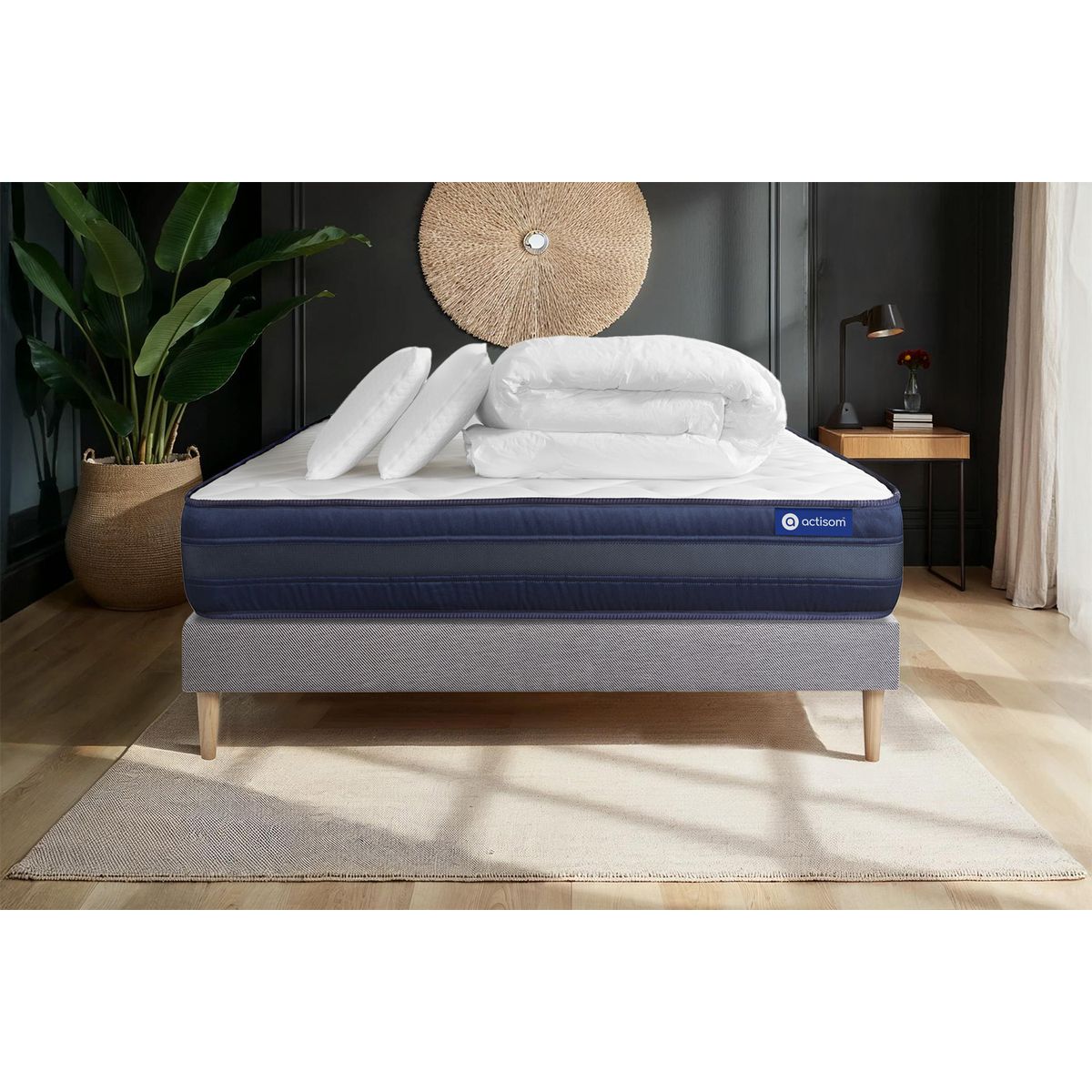 Pacchetto letto completo - Materasso 140x190cm + Box spring con doghe (kit) + 2 cuscini + Piumino - Actimemo Tech