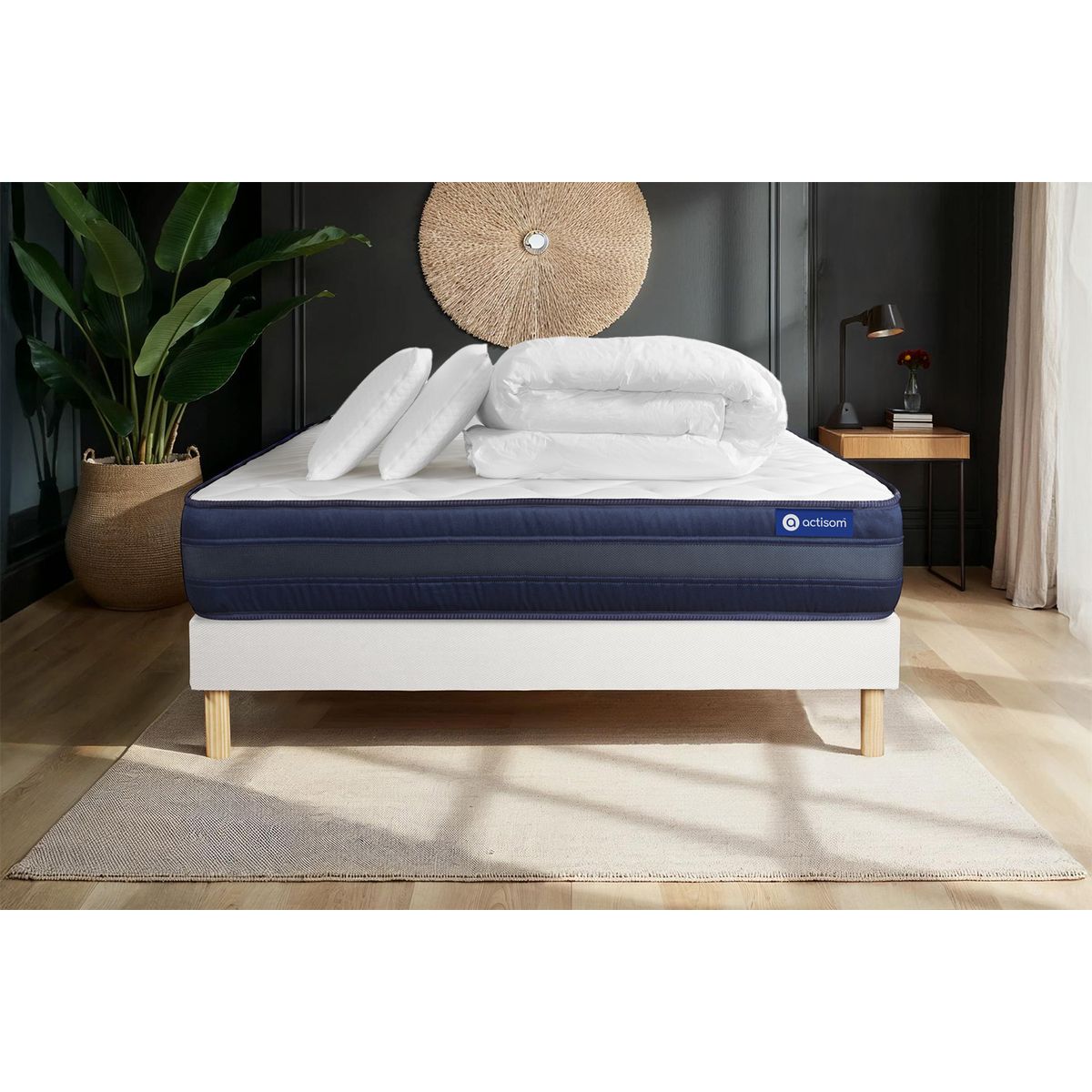 Pacchetto letto completo - Materasso 160x200cm + Box spring con doghe (kit) + 2 cuscini + Piumino - Actimemo Tech