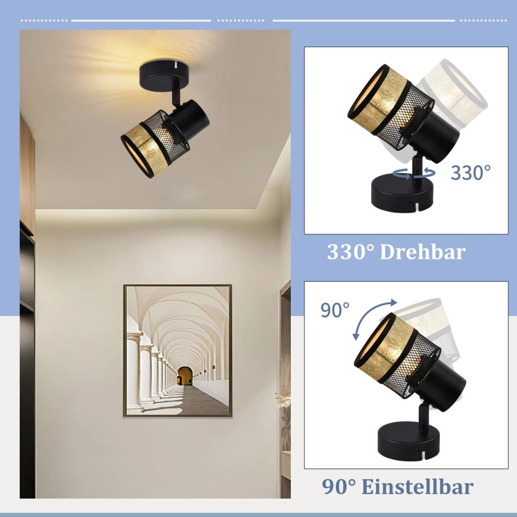 ZMH Faretti da soffitto 1 lampadina nero E27 40W corridoio retrò metallo paralume in tessuto dorato rivestimento